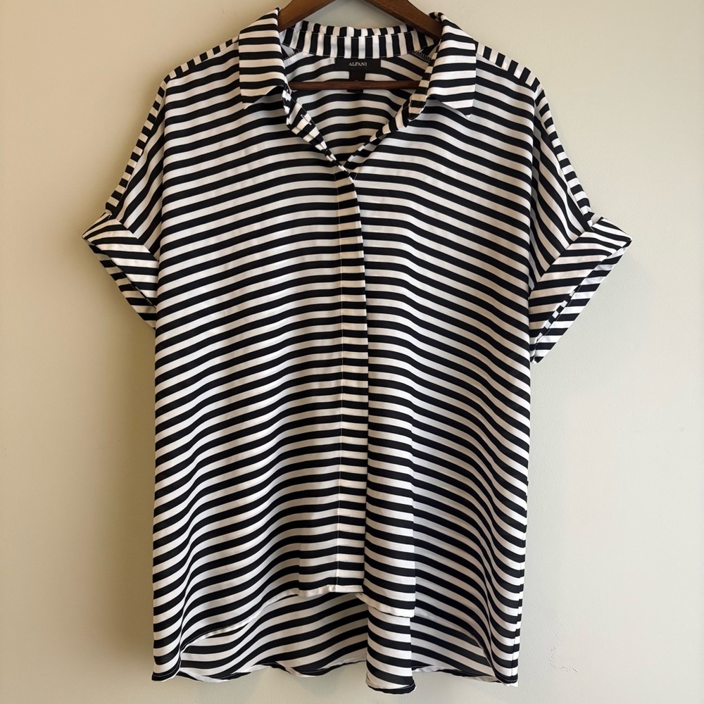 Alfani Black White Stripe Spring Button-Front Blouse‎ Women’s Size 18